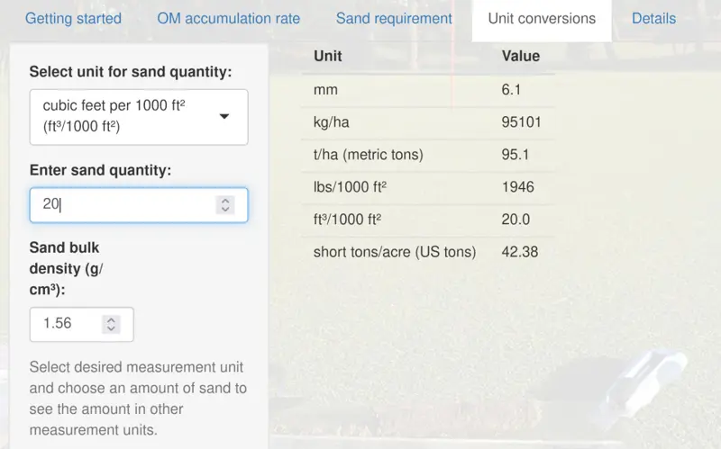 screenshot of a sand topdressing rate calculator